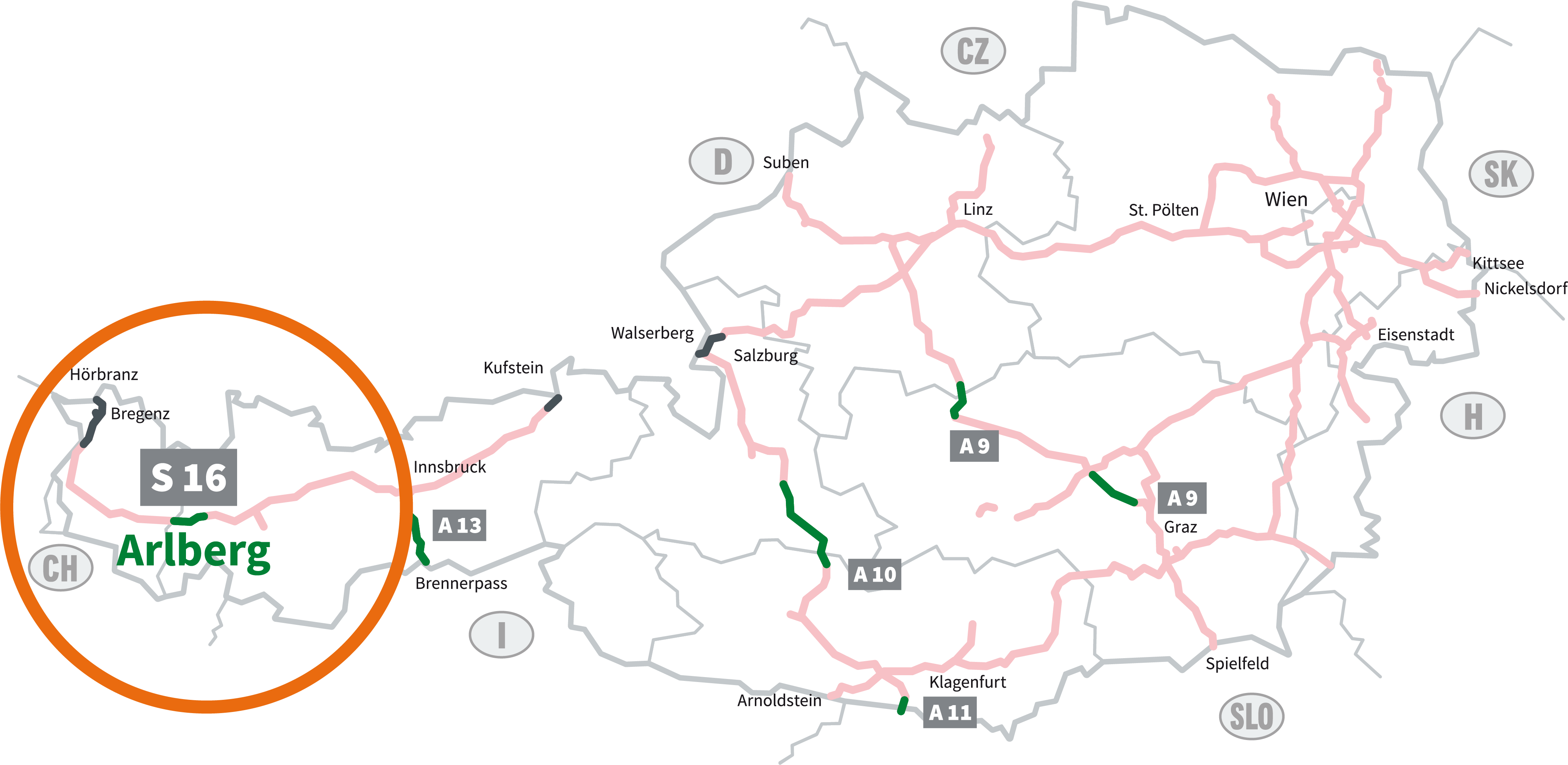 Österreichkarte der mautpflichtigen Autobahnen und Schnellstraßen Grafik der mautpflichtigen Autobahnen und Schnellstraßen in Österreich. Vignettenpflichtige Strecken sind blassrot markiert. Grün hervorgehoben sind die sechs Streckenmaut-Abschnitte: S 16 Arlberg, A 13 Brenner, A 10 Tauern, A 11 Karawanken, A 9 Bosruck und Gleinalm. Hier benötigen Sie ein Streckenmaut-Ticket. Der Bereich um den streckenmautpflichtigen Abschnitt auf der S 16 Arlberg Schnellstraße ist eingekreist.